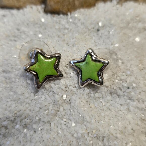 Vintage Peyote Bird 925 Silver and Green Turqouise Star Earrings - Picture 3 of 6